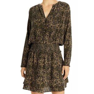 RAILS Jasmine Long Sleeve Smock Waist Viscose Mini Dress in Olive Static